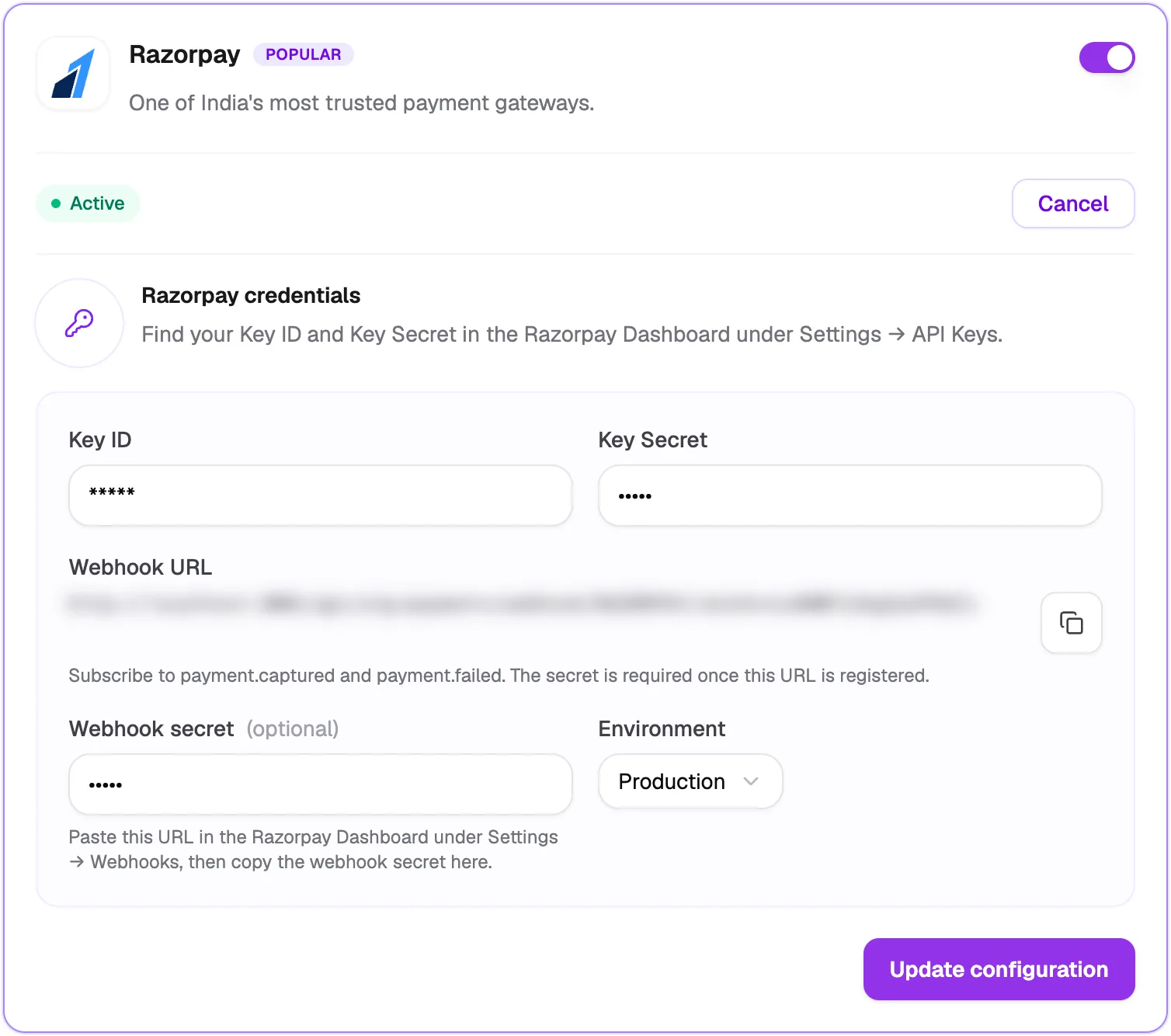 The Razorpay gateway card with its credentials form
