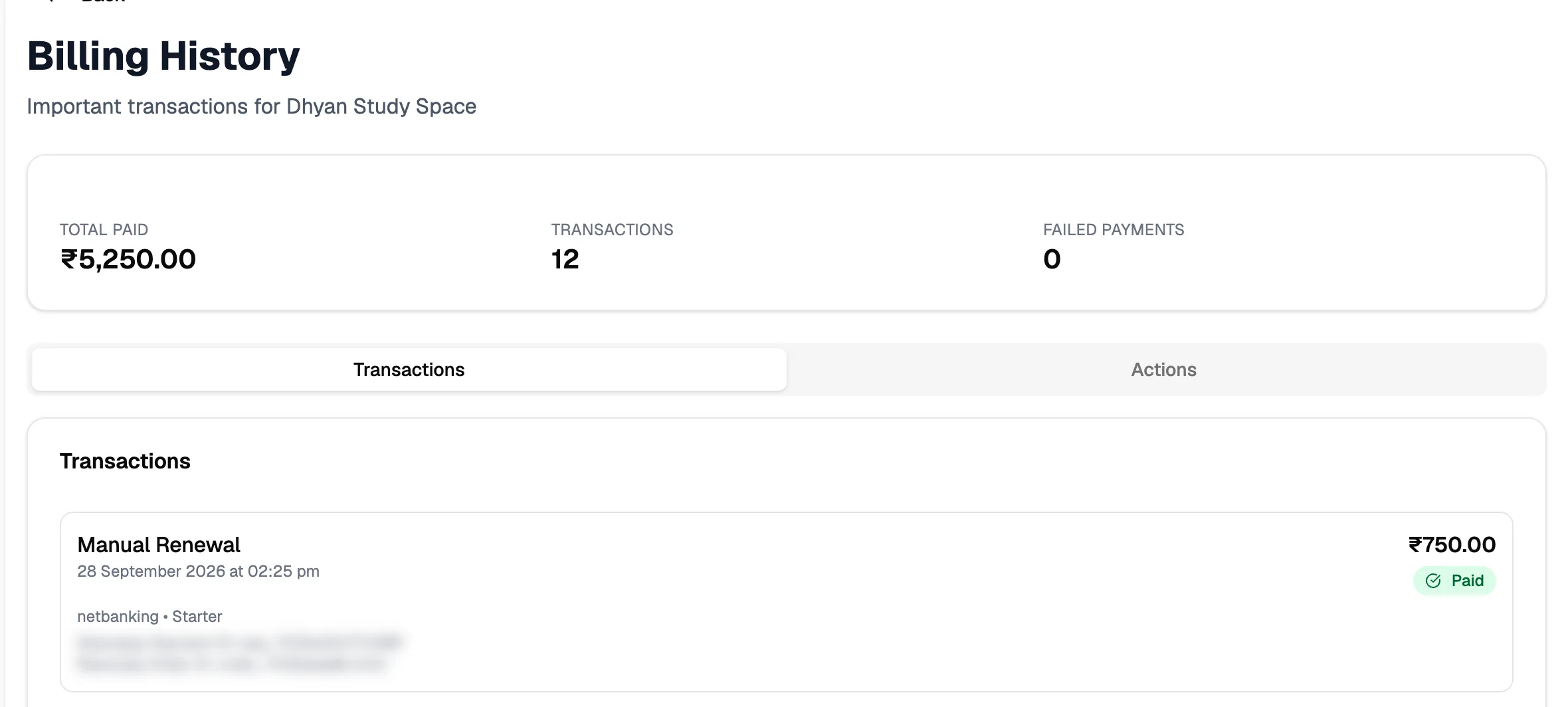 Billing History with total paid, transactions, failed payments and a paid manual renewal