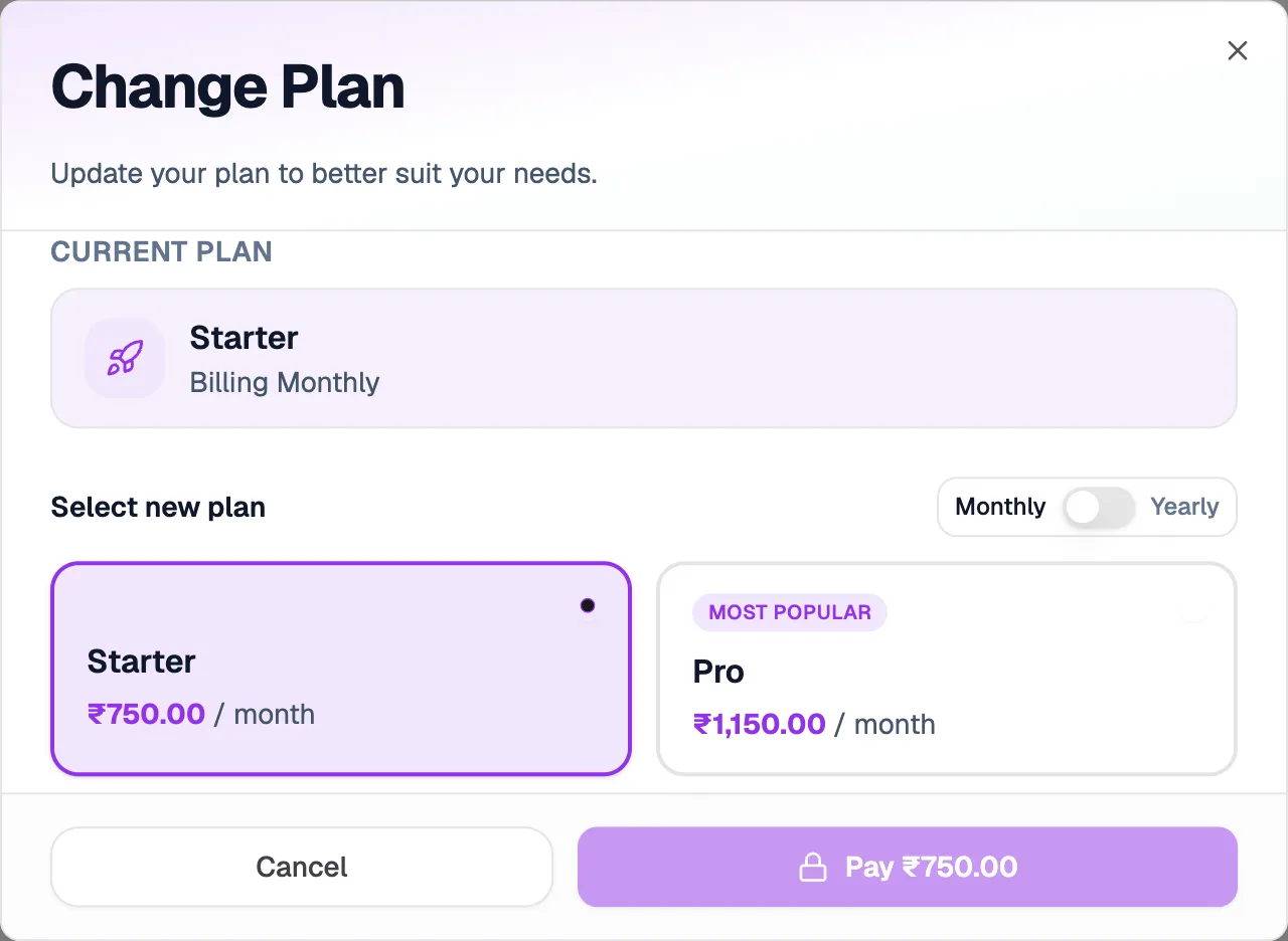 Change Plan dialog showing the current Starter plan, monthly or yearly choice, the Starter and Pro plans and the pay button