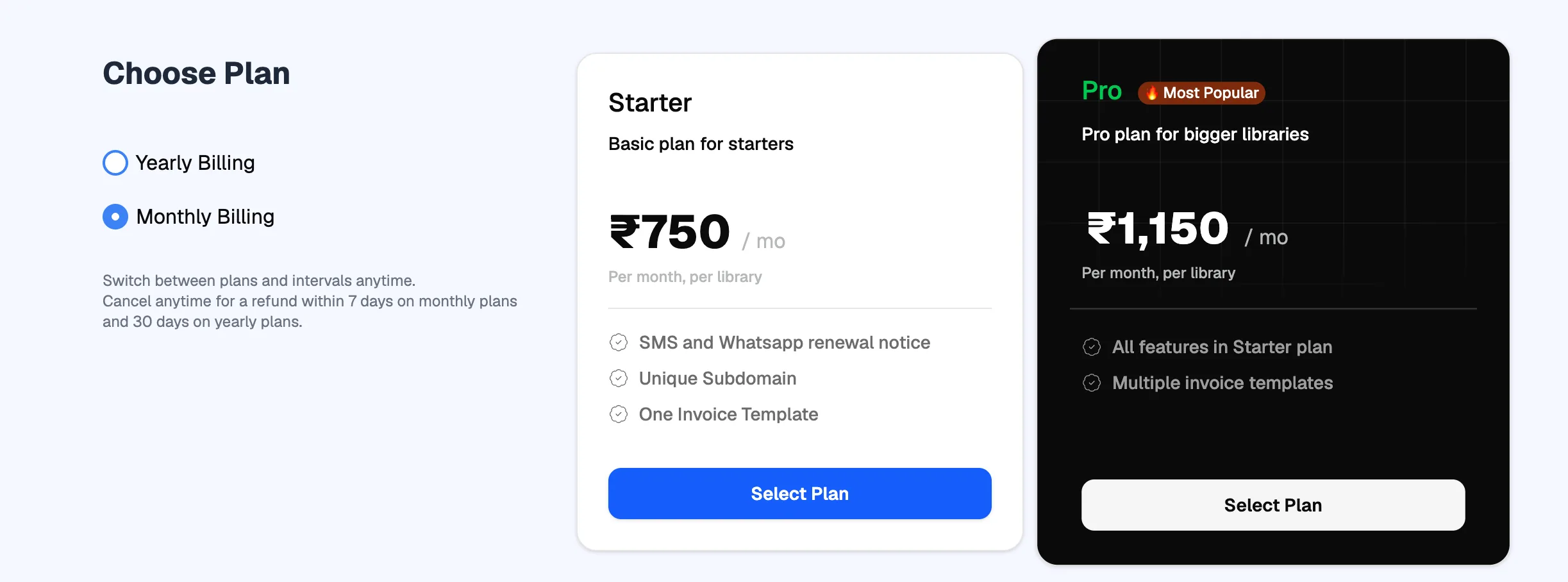 Choose Plan with monthly or yearly billing and the Starter and Pro plan cards
