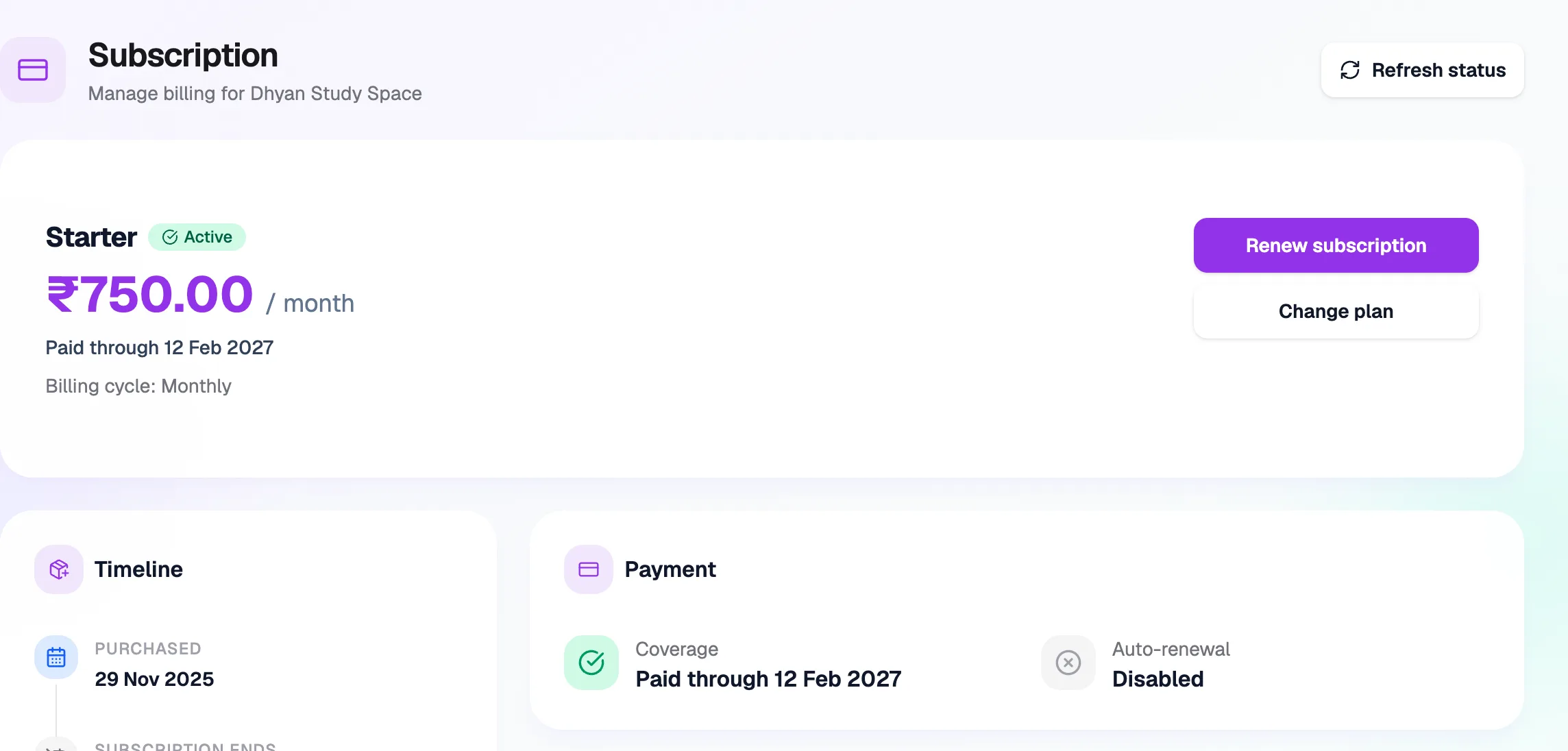 Subscription page with the Starter plan, Active status, price, paid-through date and the renew and change buttons