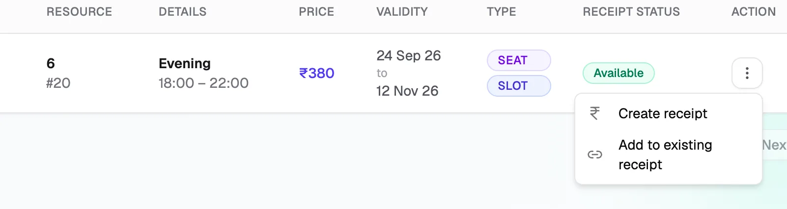 Create receipt and Add to existing receipt options for a booking