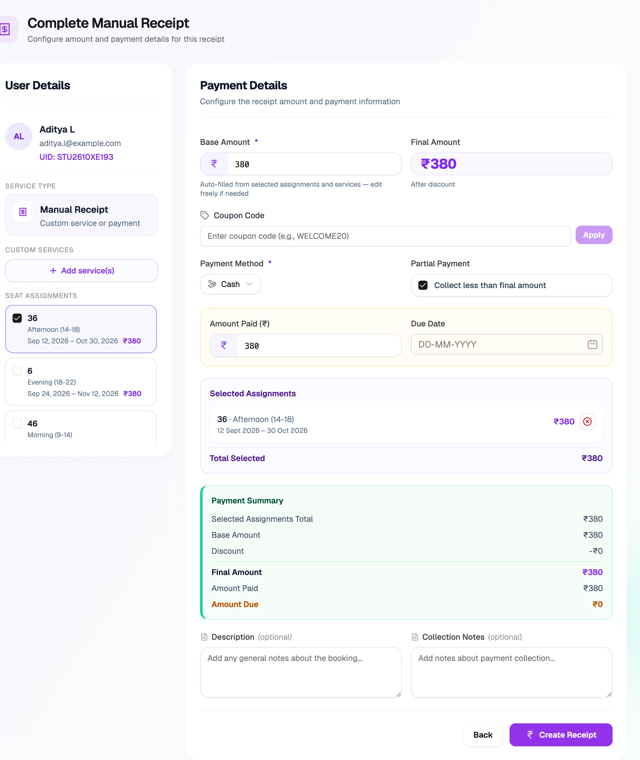 The Complete Manual Receipt page with one seat booking selected and partial payment turned on