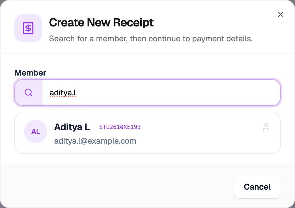 Create New Receipt with a member search