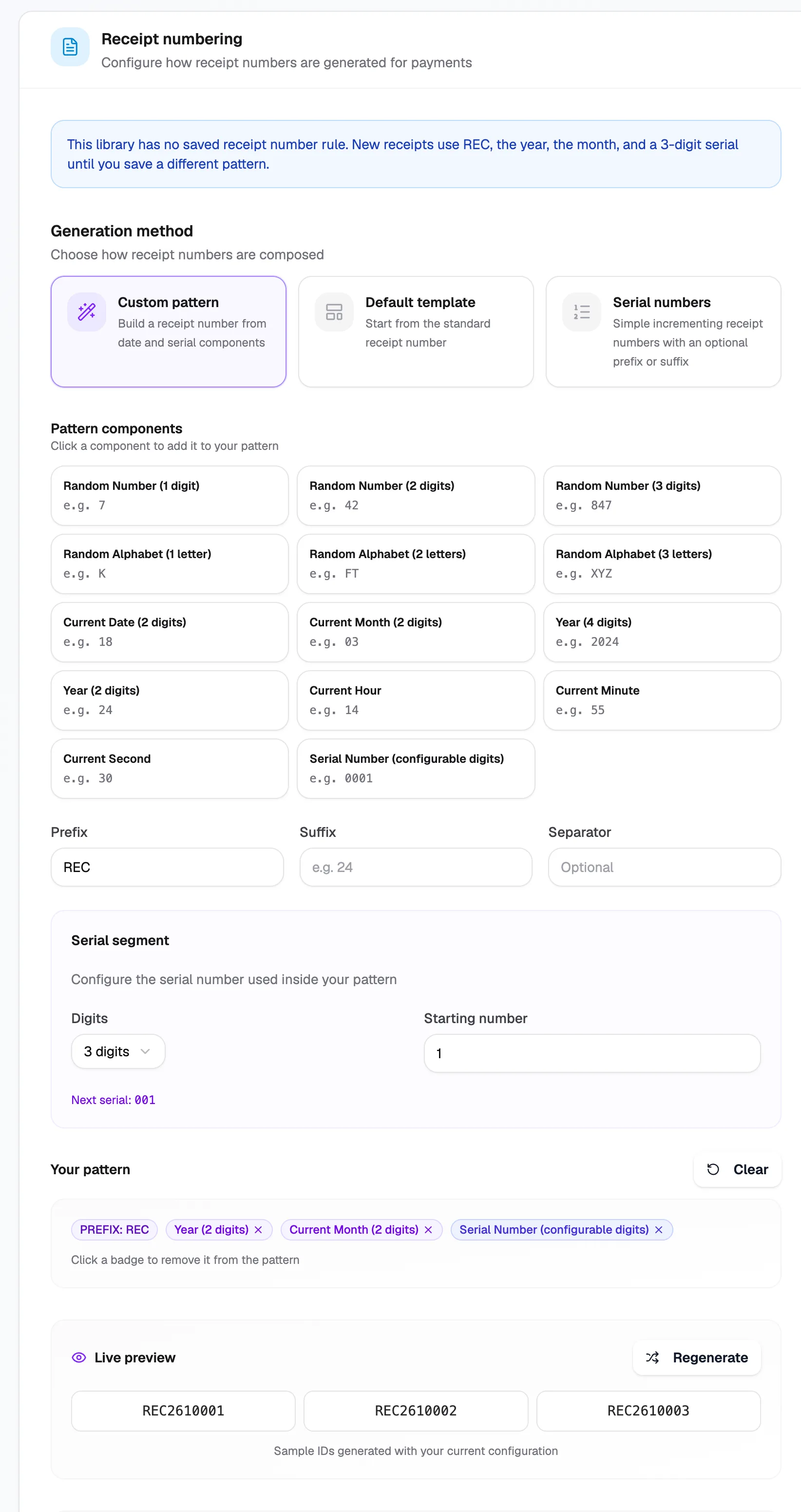 Receipt numbering settings with generation method, pattern components and live preview