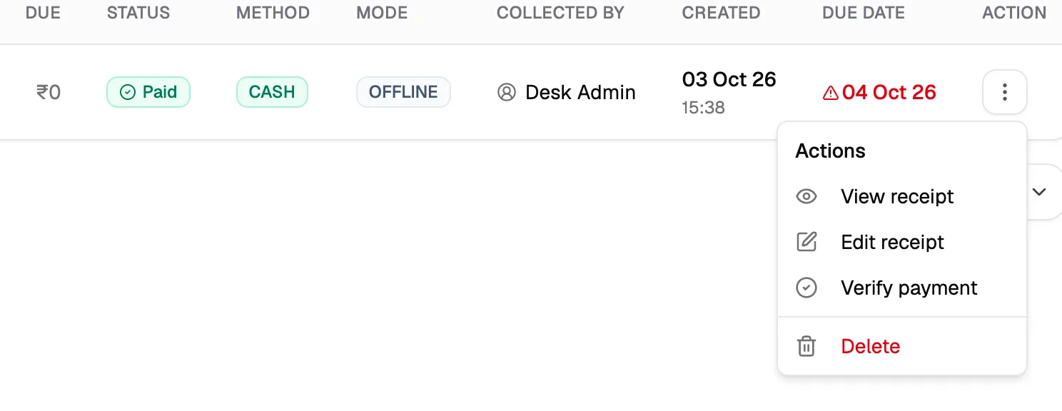 A receipt's actions menu