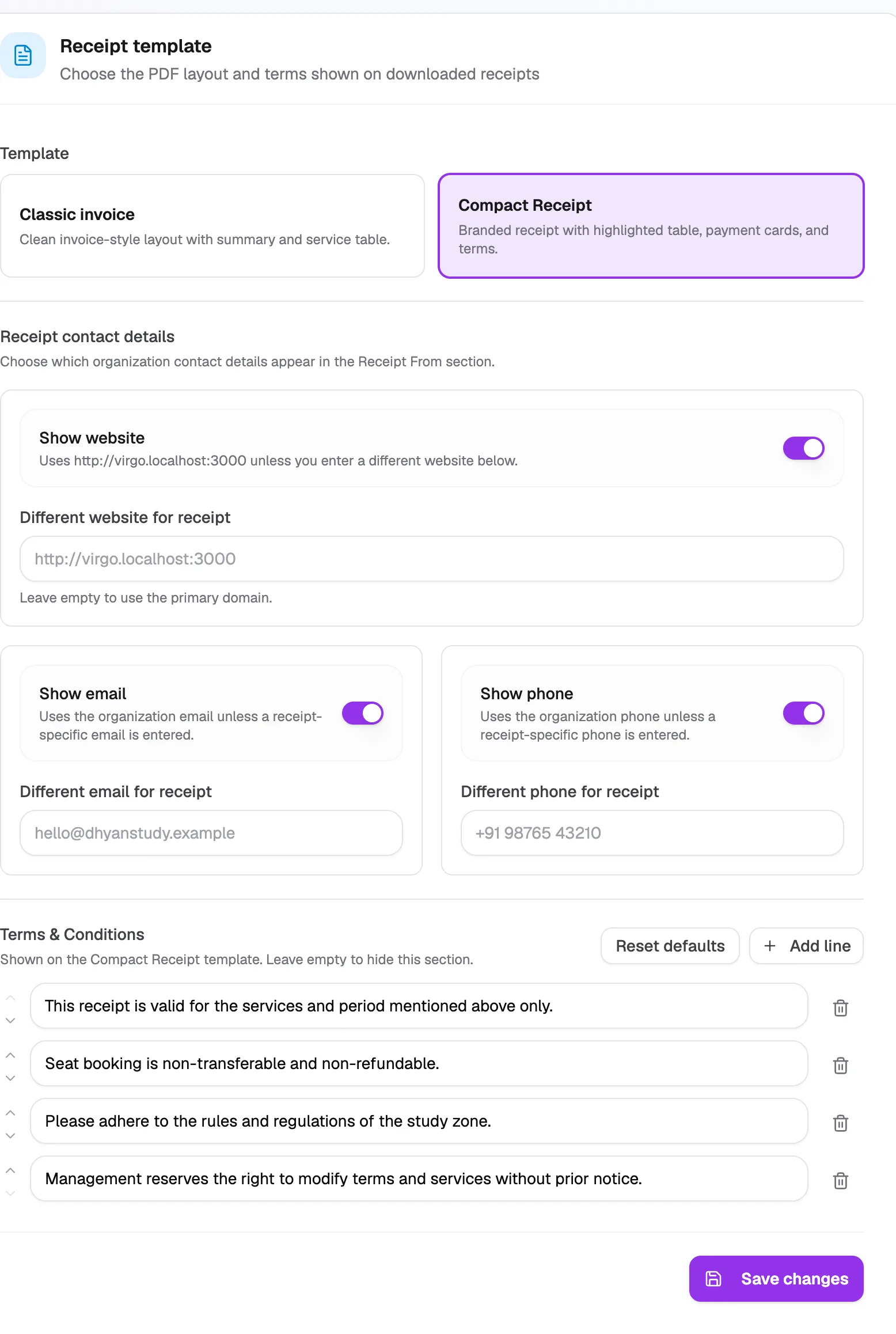 Receipt template, contact details and terms settings