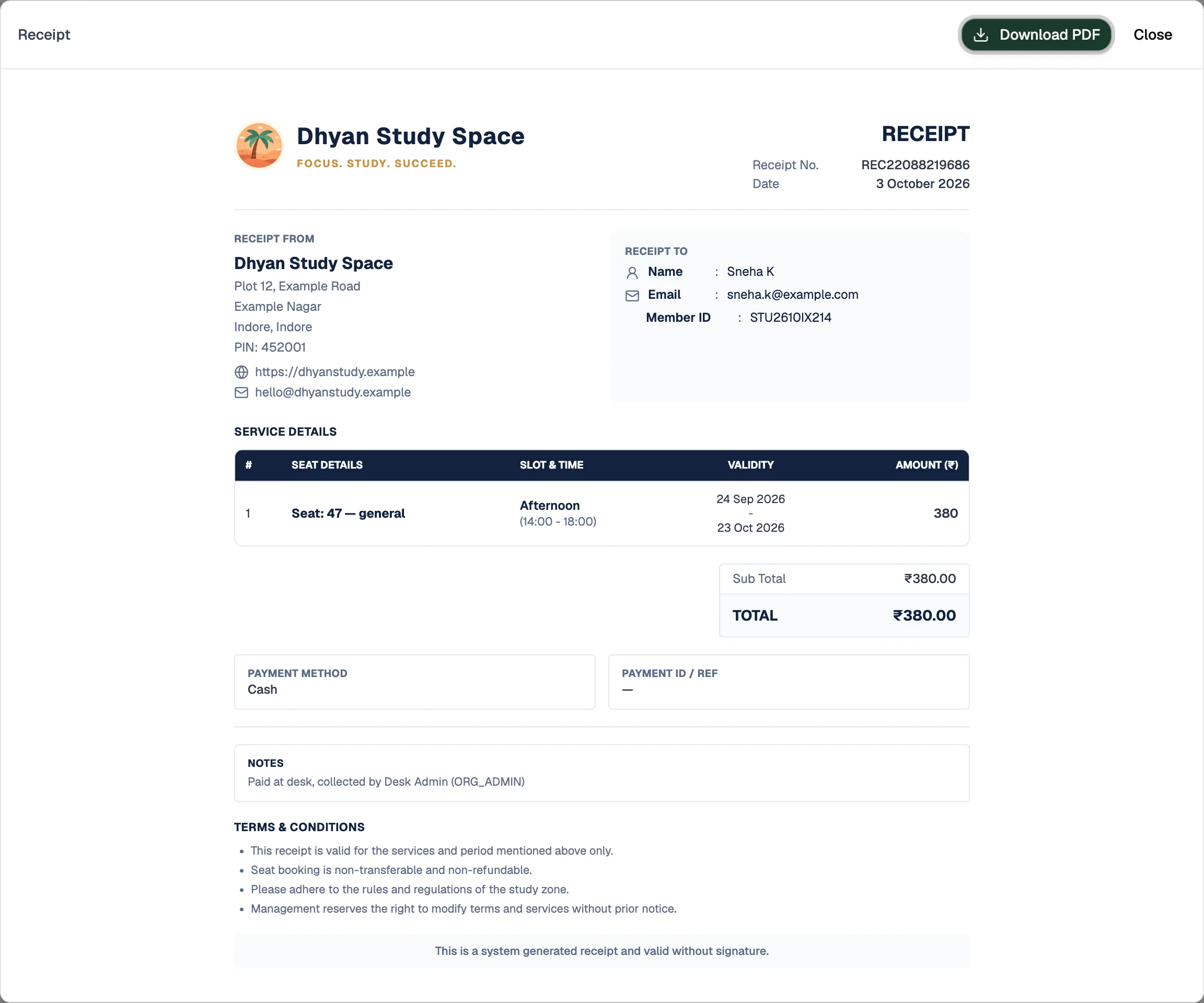 A receipt with library details, member details, service details and terms