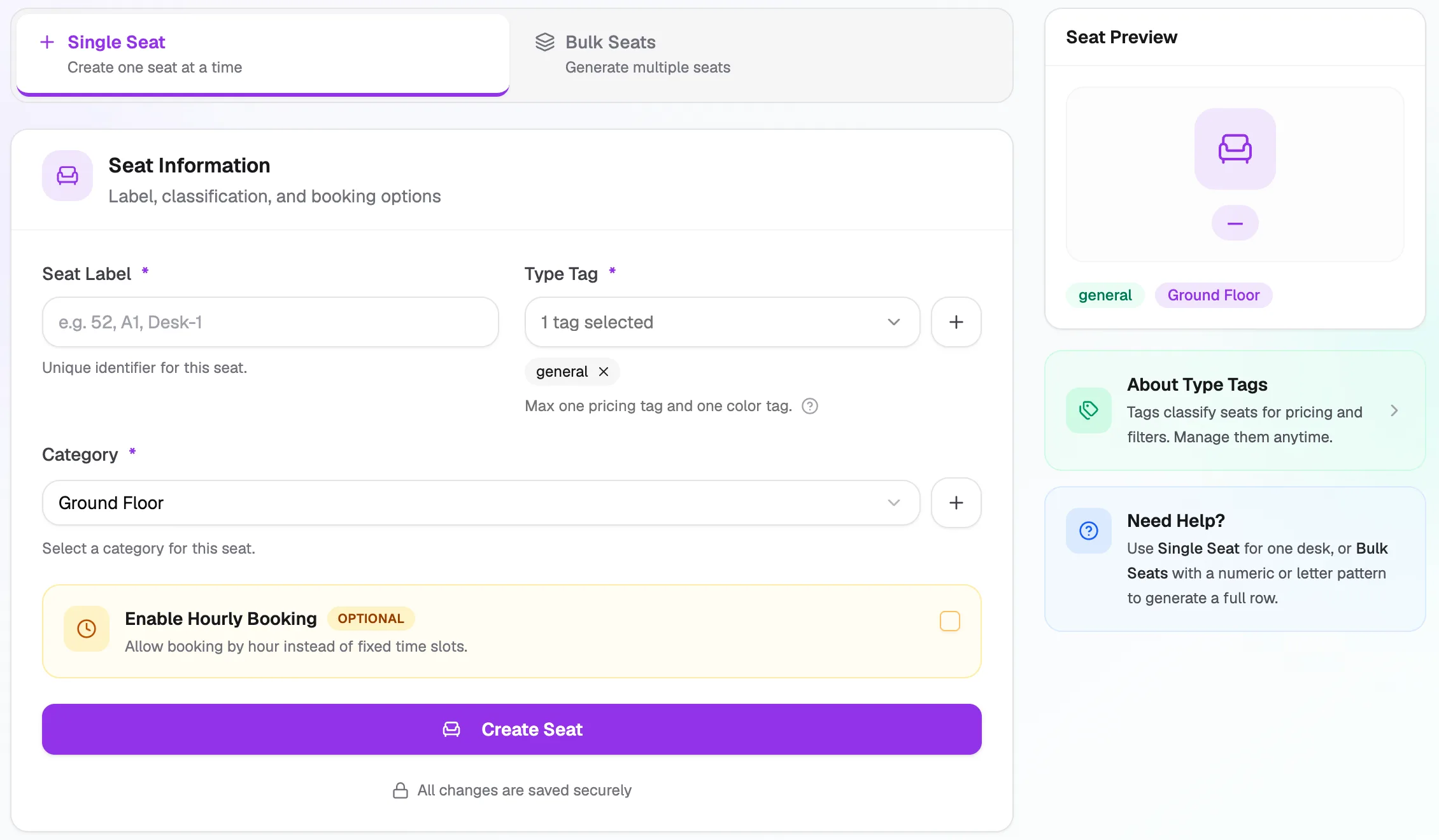 The Single Seat form on the Add a New Seat page