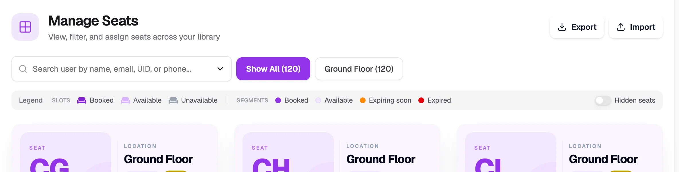 The Import button on the Manage Seats page