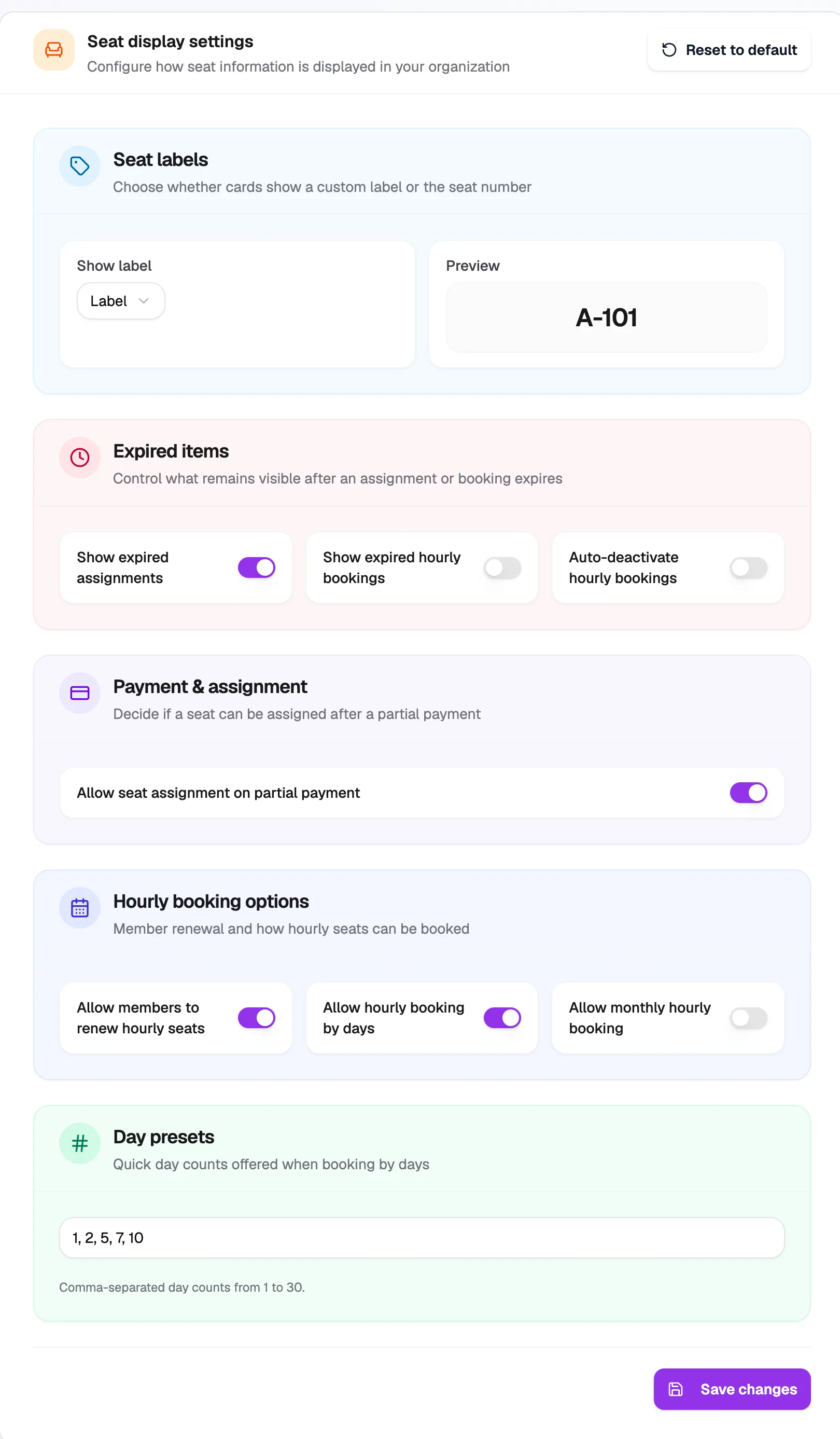 The Seat display settings in Librarify
