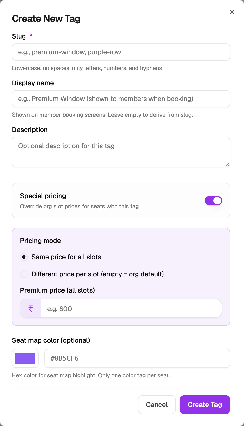 Special pricing options on a seat tag