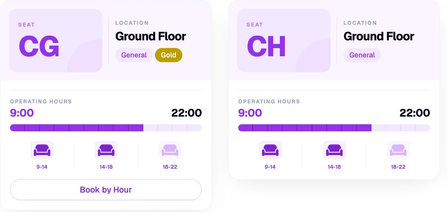 A seat card with the Book by Hour button