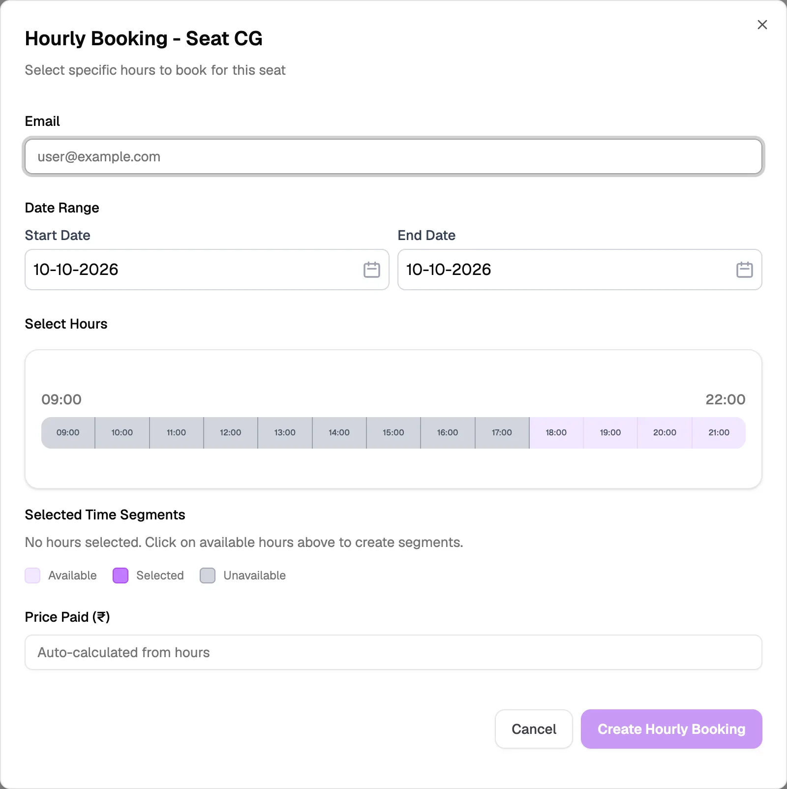 The Hourly Booking dialog with email, dates, hours and price