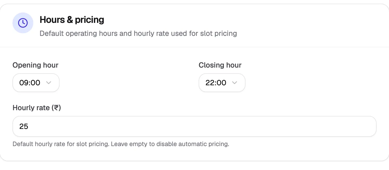 Hours and pricing in the General organization settings
