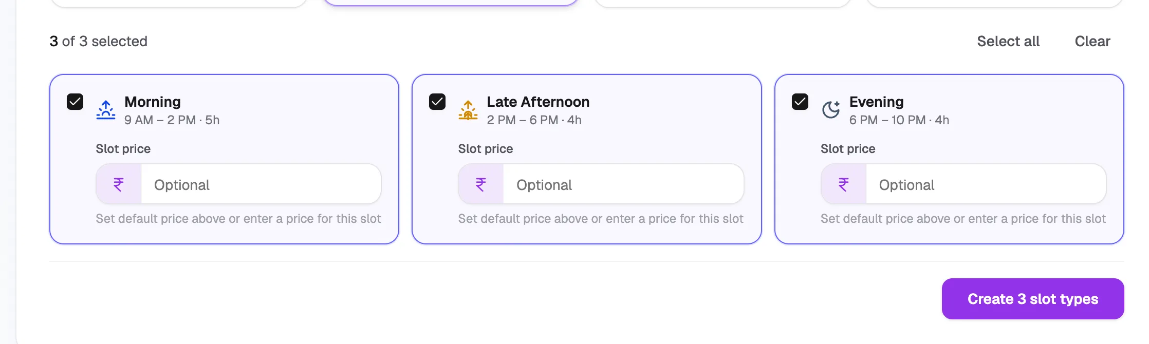 The slots a preset will create, with tick boxes, prices and the create button