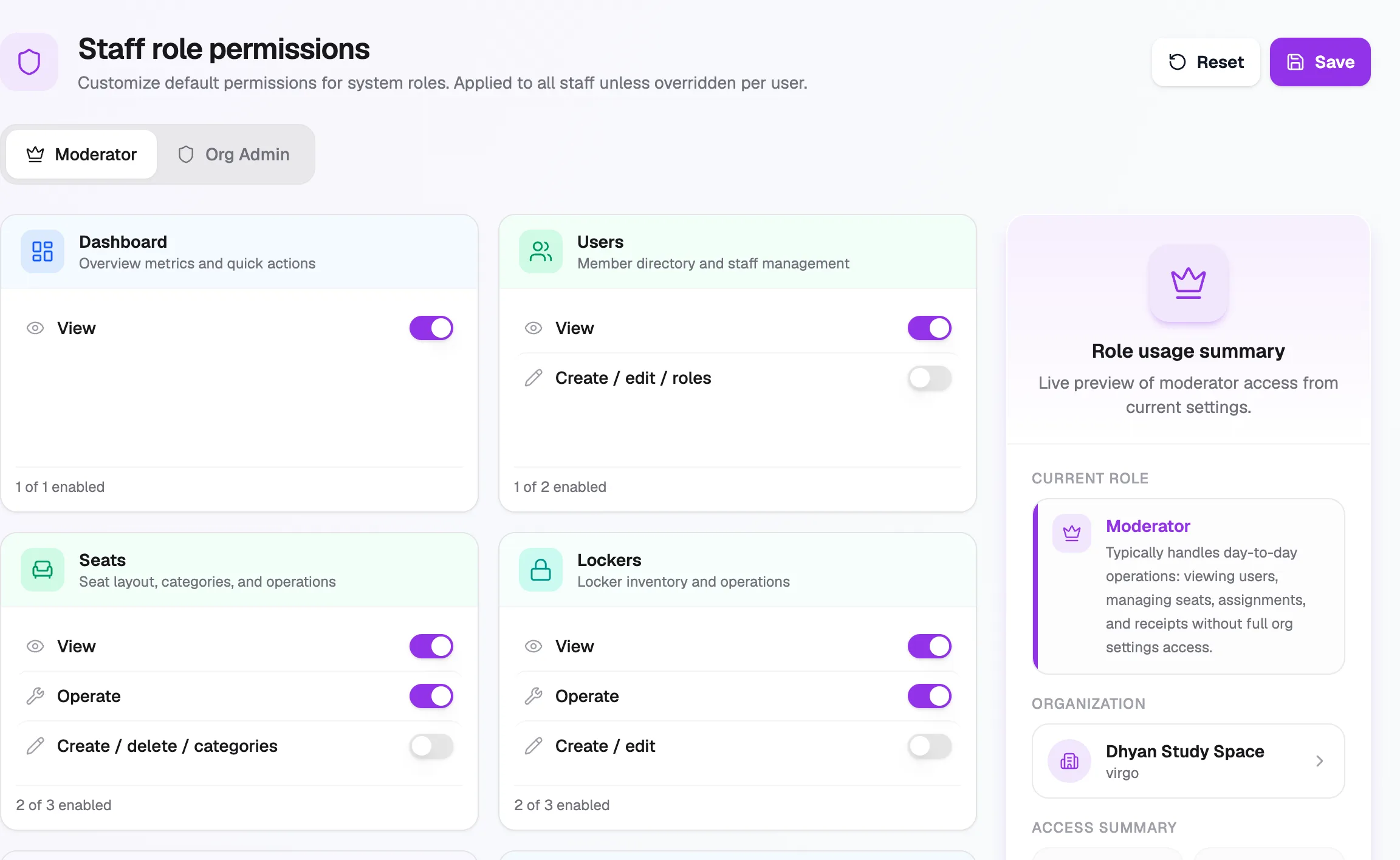 Staff role permissions for Moderator: cards for Dashboard, Users, Seats and Lockers with on/off switches