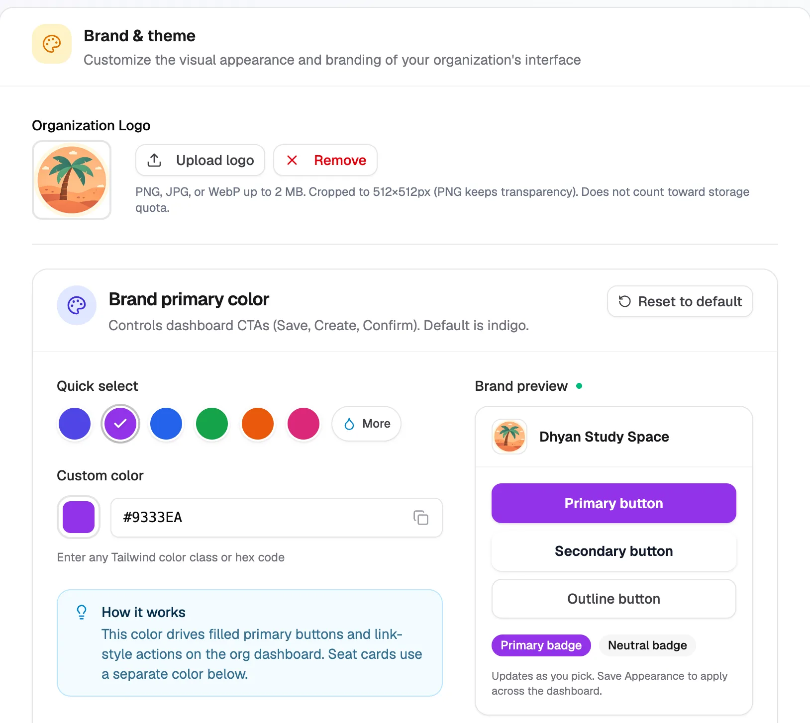 Brand & theme: logo upload, brand primary colour choices and the brand preview