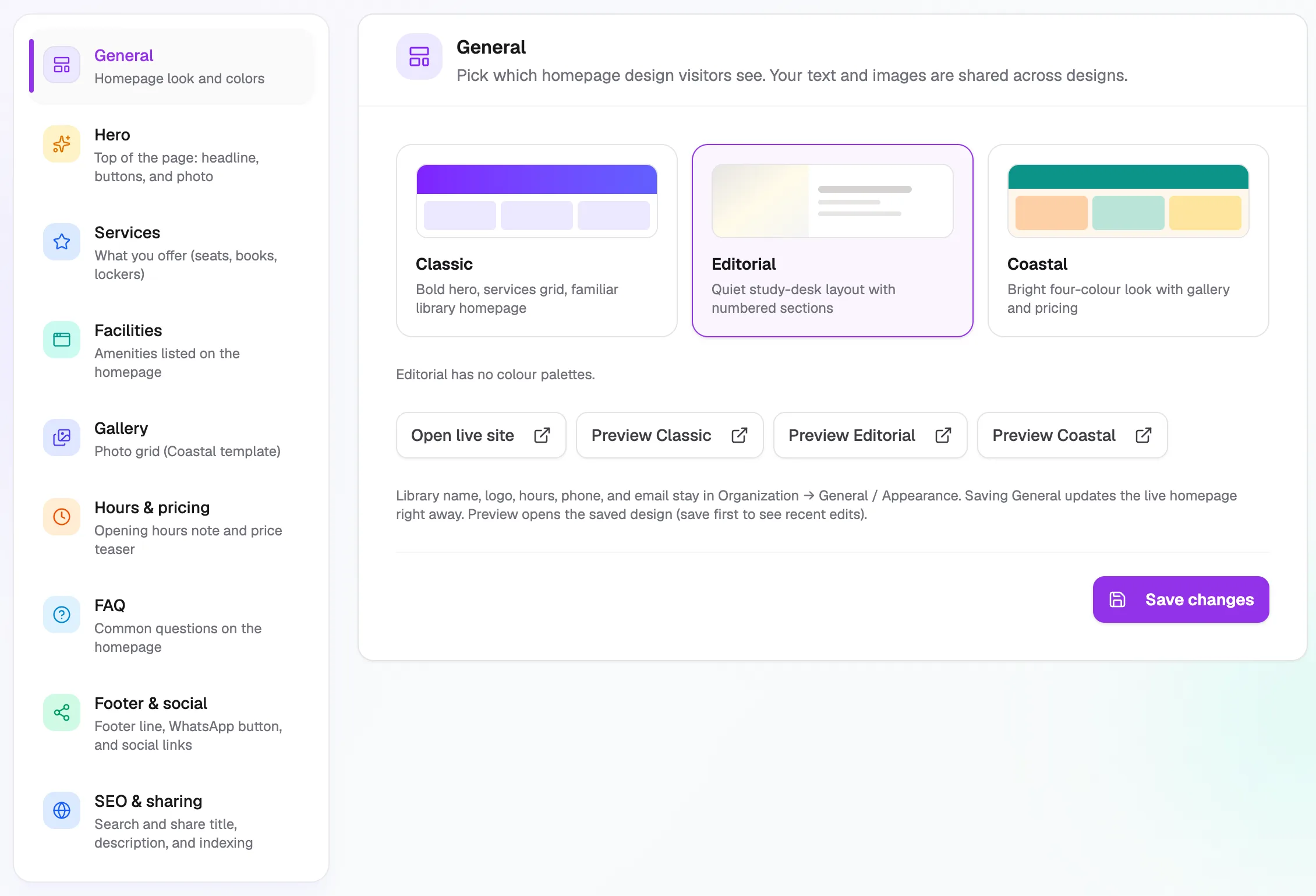 Settings, Website tab: the list of sections and the General section with three homepage designs