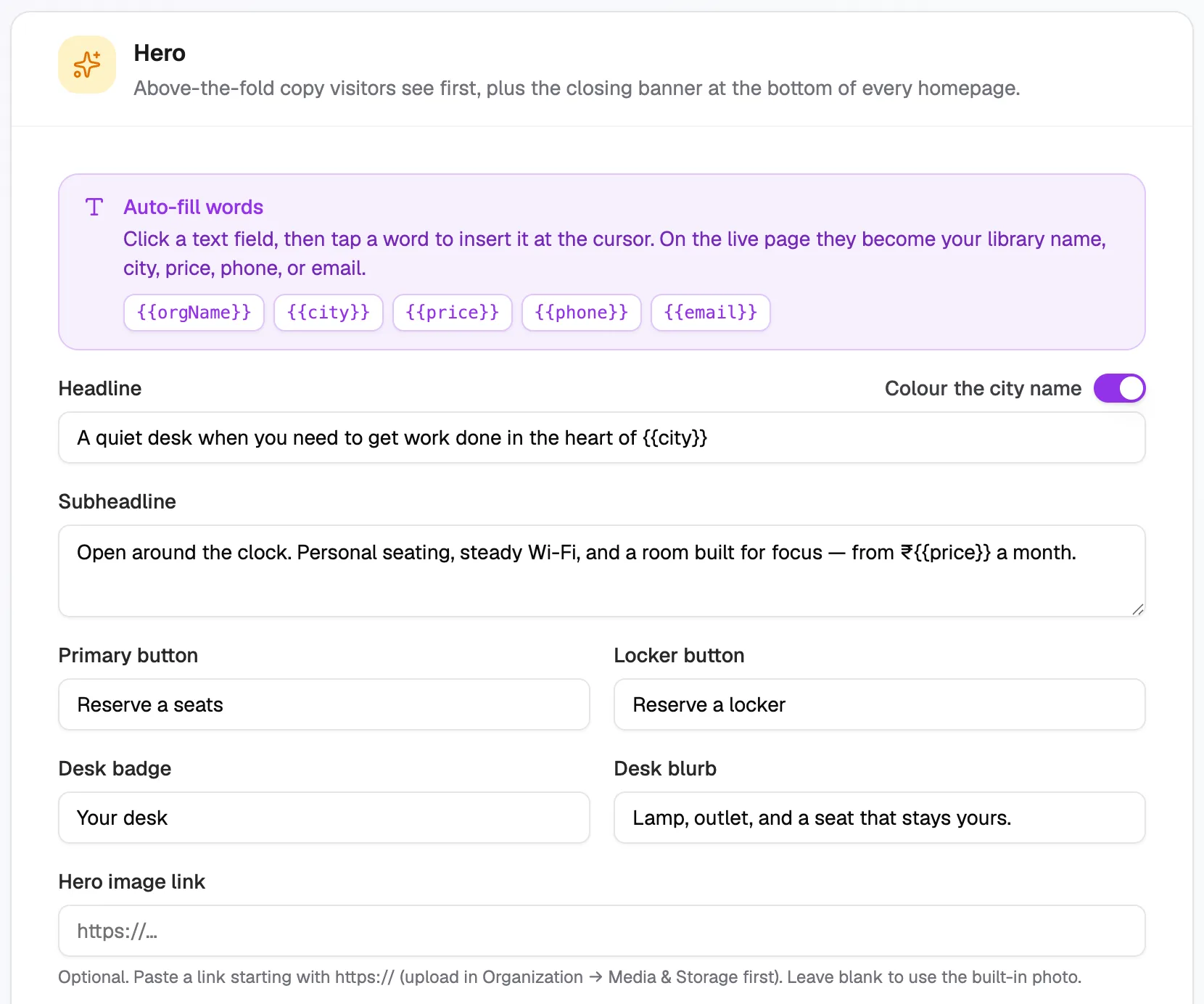 The Hero section with auto-fill words, headline, subheadline, button labels and image link