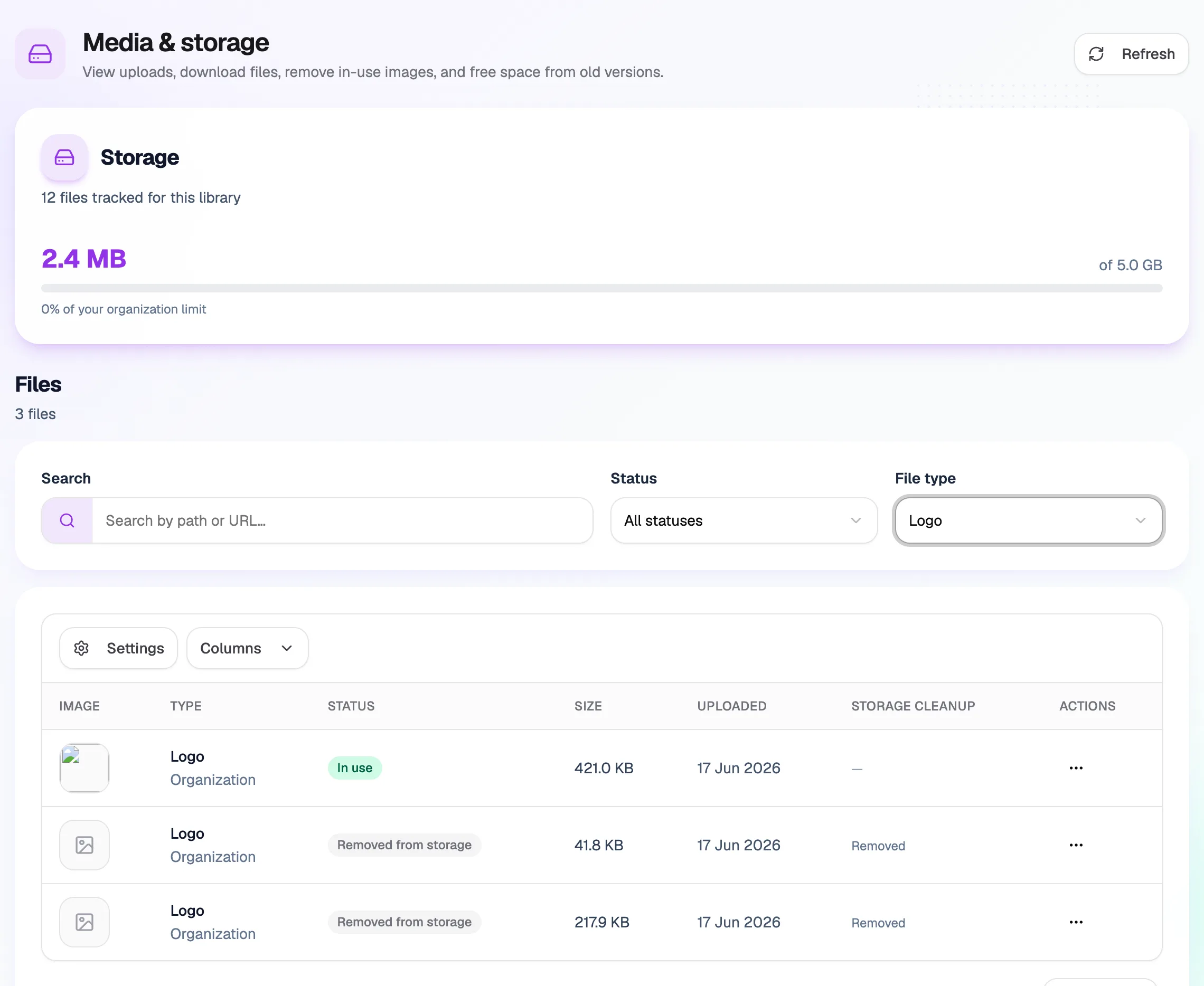 Media & storage: storage used, filters and the file list filtered to logos