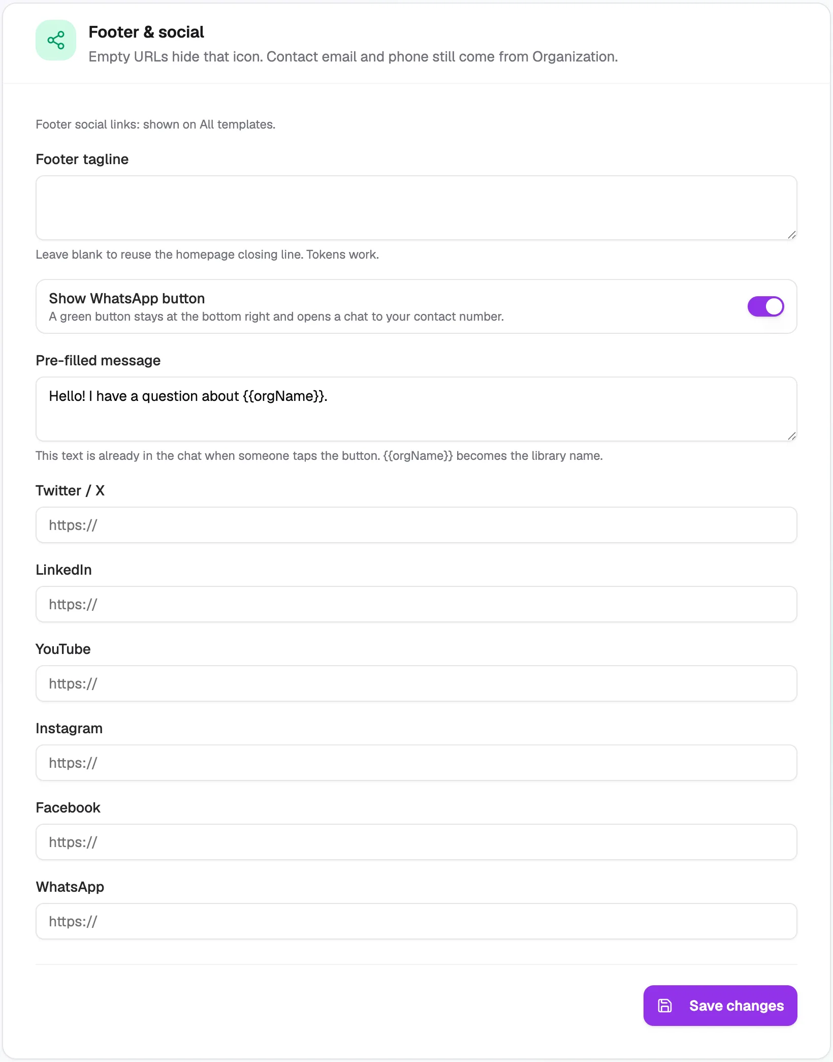 Footer & social section with footer tagline, WhatsApp button switch, pre-filled message and social links
